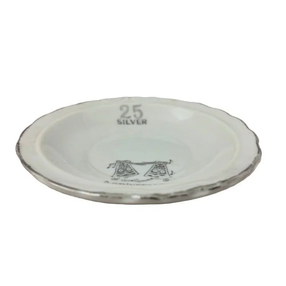 Vintage 25th Silver Anniversary Trinket Dish Wedding Bells Ring Dish 4.5 Inch